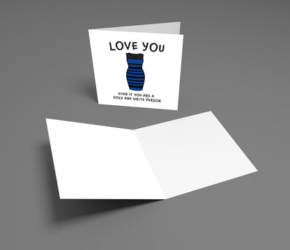 Greeting card with striped dress illustration and text on a gray background