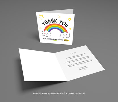 Greeting card with rainbow design and 'Thank you' message on a gray background