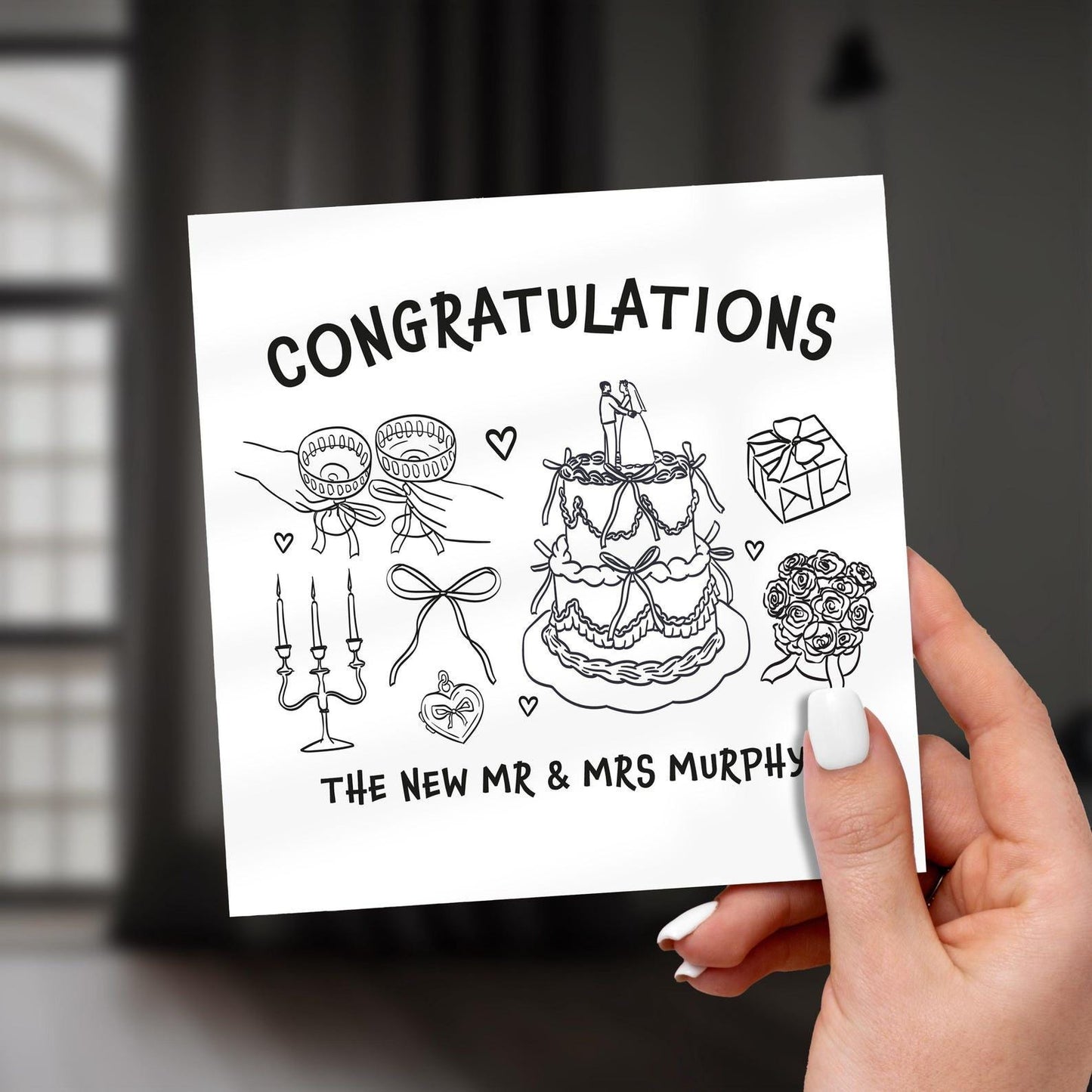 Personalized Mr & Mrs Wedding Card: Hand-Drawn Design, FSC-Certified