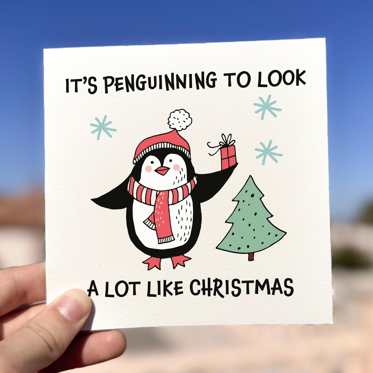 Funny Penguin Christmas Card, It’s Penguinning to Look a Lot Like Christmas, Cute Animal Pun Holiday Greeting Card