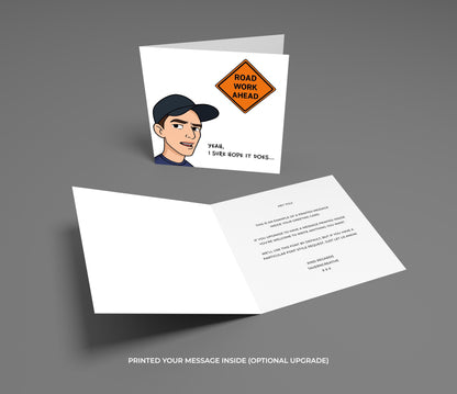 Greeting card with a cartoon character and road work sign on a gray background