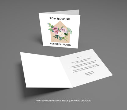 Greeting card with floral design and text on a gray background
