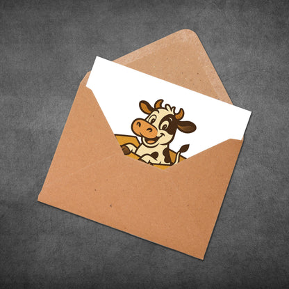 Cartoon cow on a card inside an open brown envelope on a dark gray background