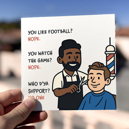 Cartoon card with a barber and customer illustration and humorous text.