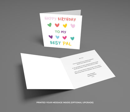 Birthday card with colorful hearts and text on a gray background