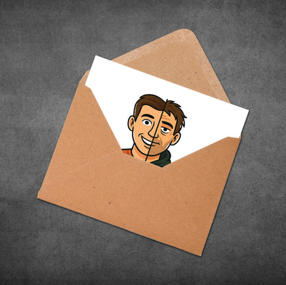 Cartoon illustration of a man on a piece of paper inside an open brown envelope on a gray background