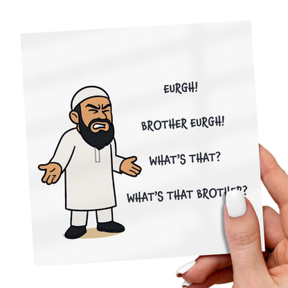 Cartoon character with a beard and white outfit on a card with humorous text, held by a hand.