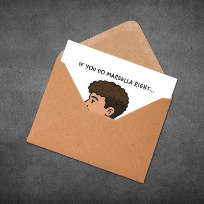 Card with cartoon illustration and text in an open brown envelope on a dark gray background