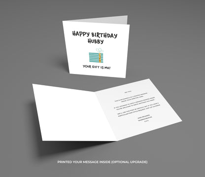 Birthday card for a husband with a gift box illustration on a gray background