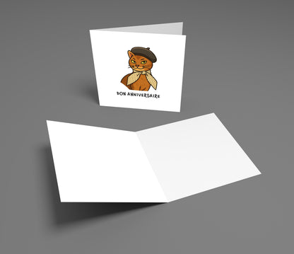 Greeting card with a bear illustration and 'Bon Anniversaire' text on a gray background