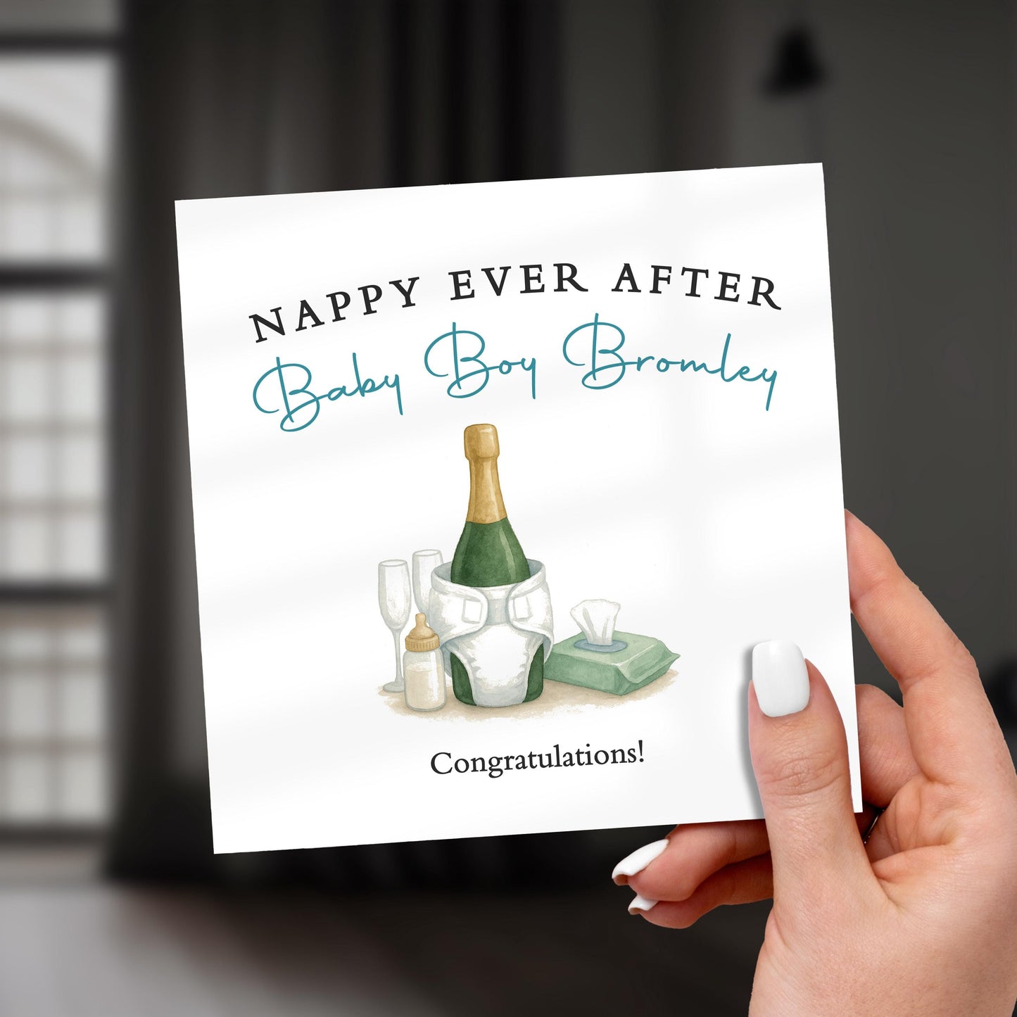 Funny New Baby Boy Card: Nappy Ever After - Personalised