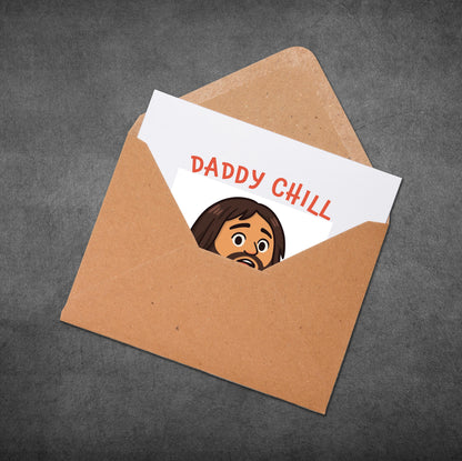 Card with 'Daddy Chill' text and illustration in an open brown envelope on a dark background