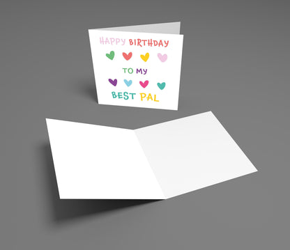 Birthday card with colorful hearts and text on a gray background