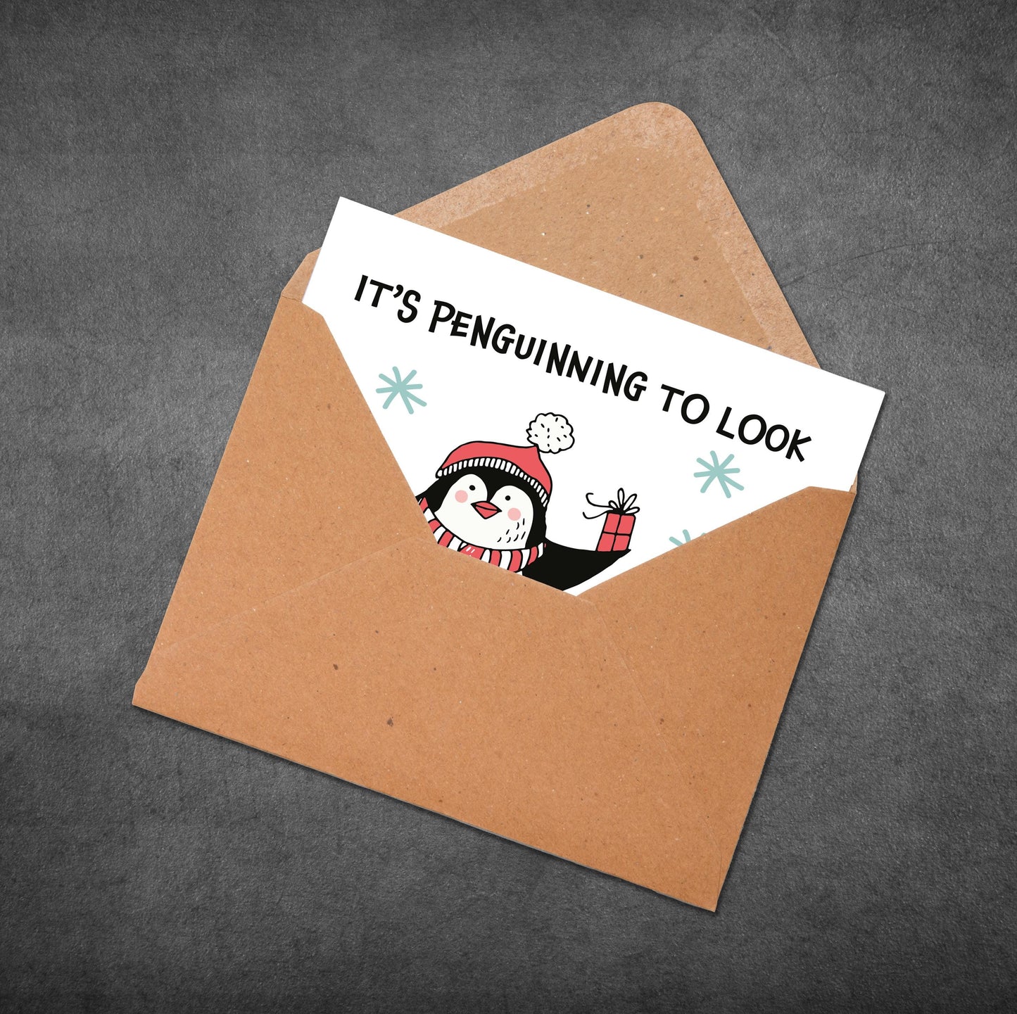 Funny Penguin Christmas Card, It’s Penguinning to Look a Lot Like Christmas, Cute Animal Pun Holiday Greeting Card