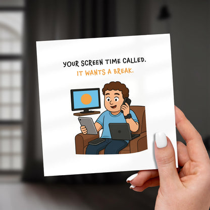 Cartoon illustration of a person on multiple devices with text about screen time, held by a hand.