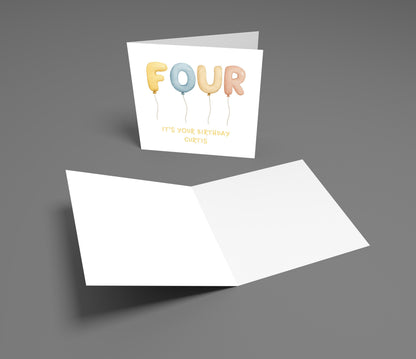 White birthday card with colorful 'FOUR' text on a gray background