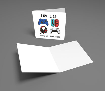 Greeting card with gaming-themed design on a gray background