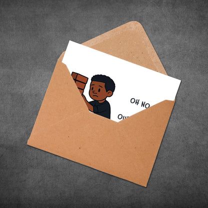 Card with a cartoon character and text 'OH NO' inside an open brown envelope on a gray background