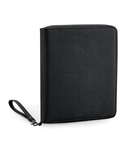 Black leather organizer with wrist strap on a white background
