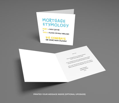 Greeting card with 'Mortgage Etymology' text on a gray background