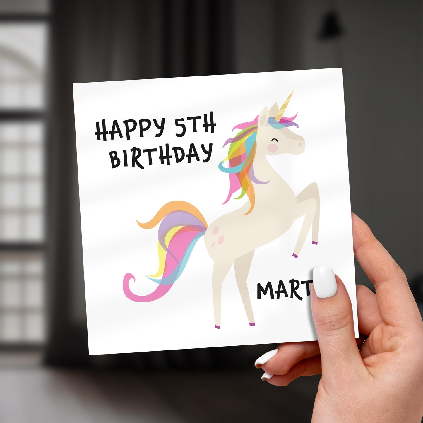 Personalized 5th Birthday Unicorn Card: Rainbow Magical Girl