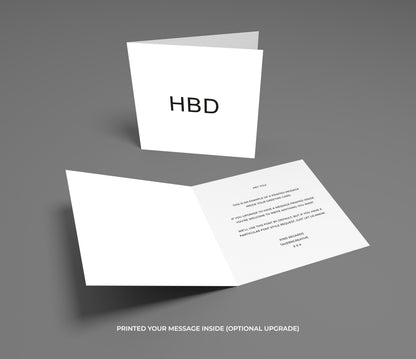 White greeting card with 'HBD' on a gray background