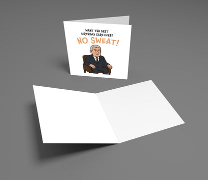 Birthday card with a cartoon character and humorous text on a gray background