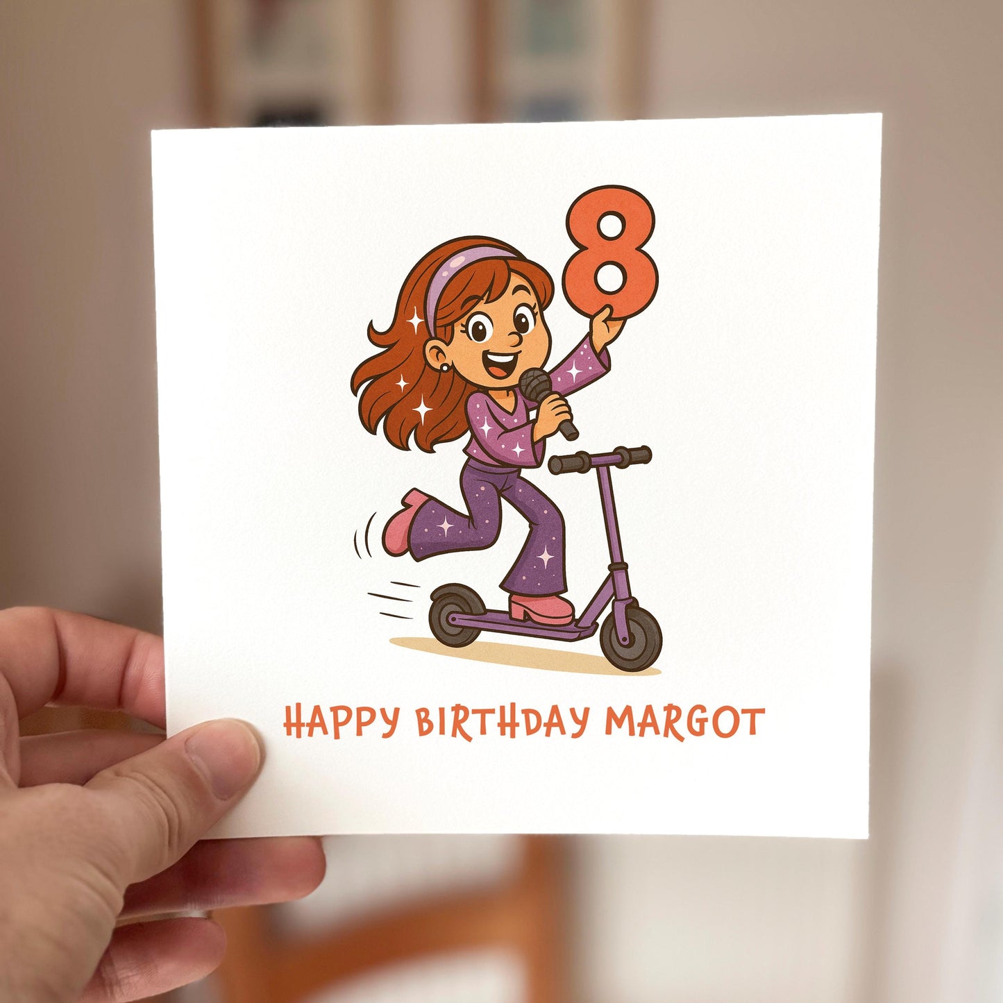 Personalized 8th Birthday Card for Girl: Popstar Scooter Design
