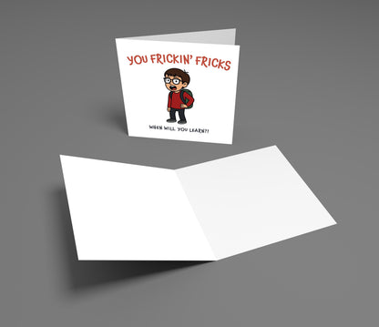 Greeting card with a character and text on a gray background