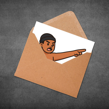 Illustration of a person pointing from inside an open envelope on a gray background
