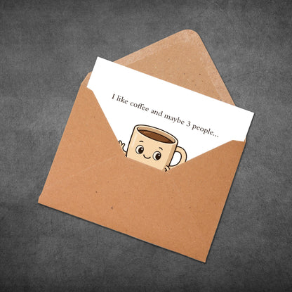 Envelope with a card featuring a cartoon coffee cup and text on a gray background