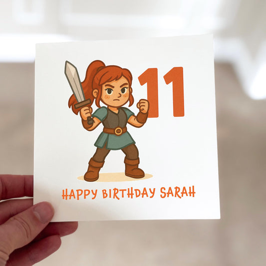 Personalized 11th Birthday Card for Girl: Warrior Gamer Theme