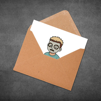 Cartoon character with a zombie face on a piece of paper inside an open brown envelope.