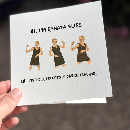 Card with illustrations of a woman in a black dress and text about being a freestyle dance teacher.