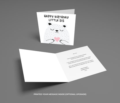 Birthday card for a sister with a cute bear illustration and text on a gray background
