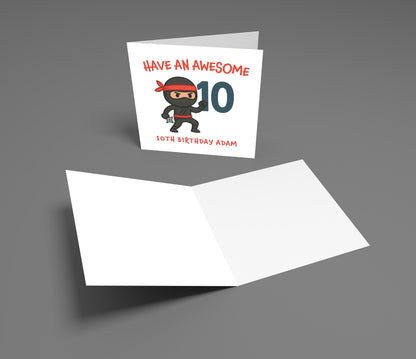 Birthday card with a ninja design on a gray background