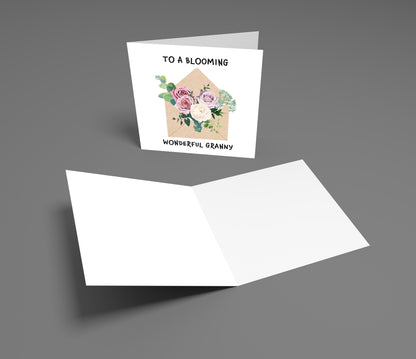 Greeting card with floral design and text on a gray background