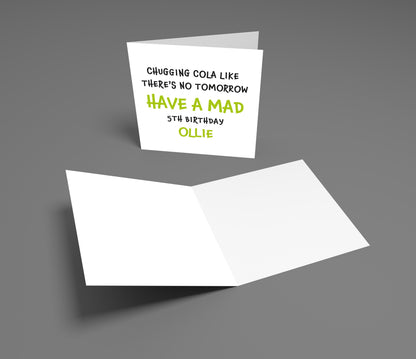 White greeting card with humorous text on a gray background
