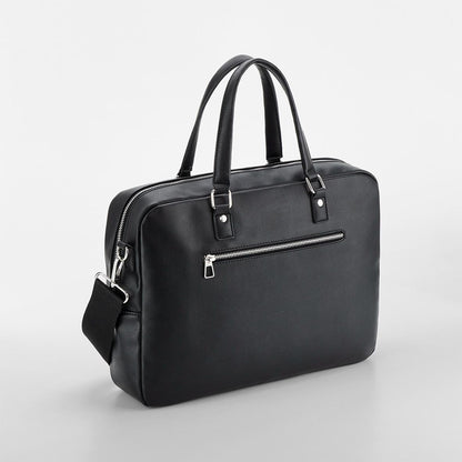 Black leather briefcase with silver zippers on a light gray background