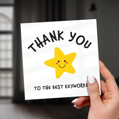 Hand holding a card with a smiley star and 'Thank you to the best keyworder' text.