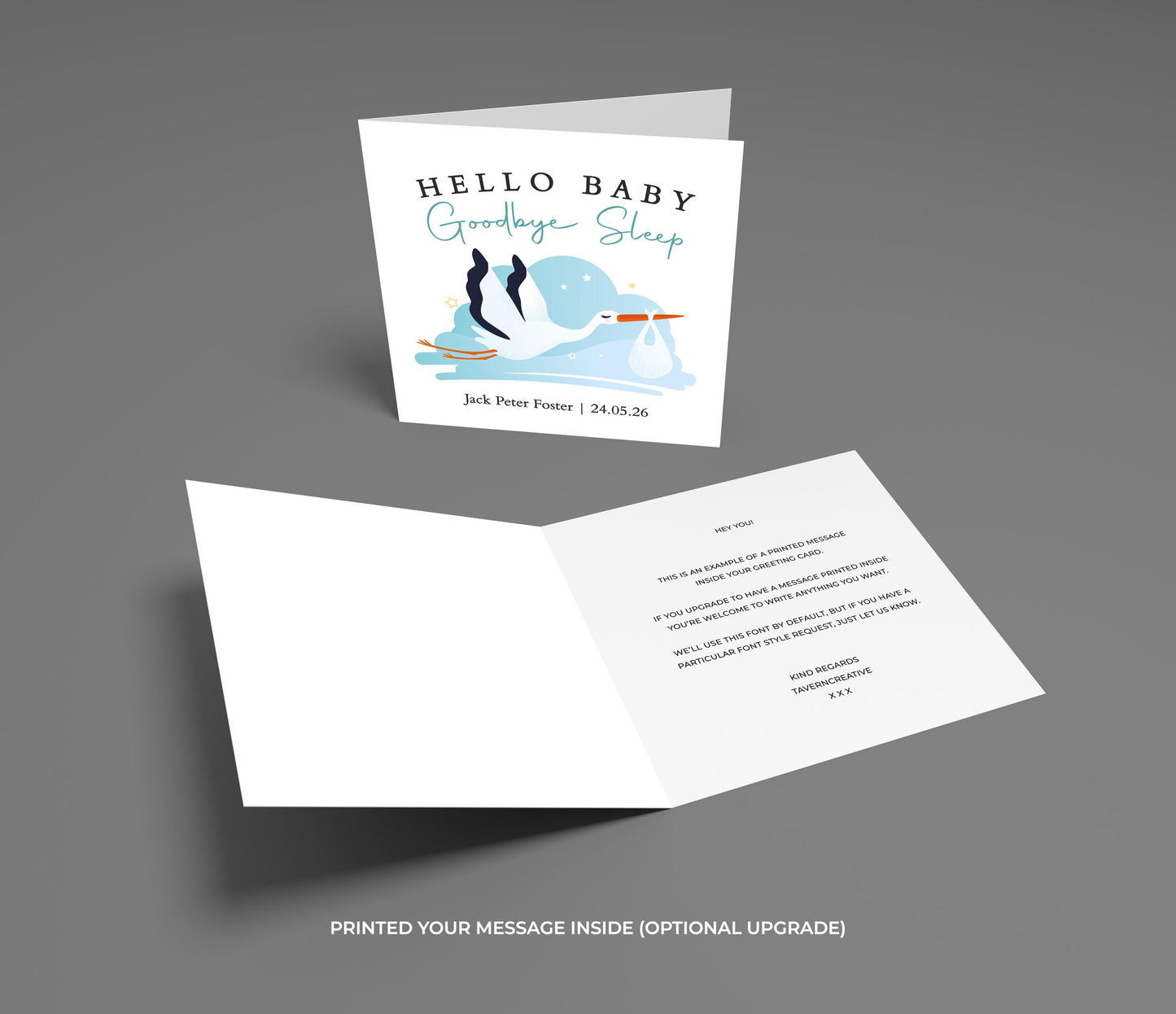 Personalized New Baby Card: Funny Stork Design, Custom Name