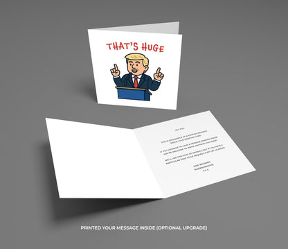 Card with cartoon character and 'THAT'S HUGE' text on a gray background