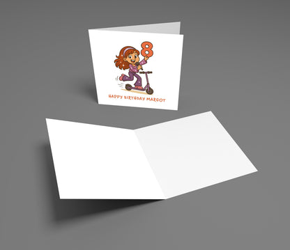 Birthday card with a cartoon character holding the number 8 on a gray background