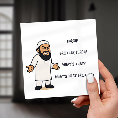 Cartoon card with a character expressing frustration, held by a hand.