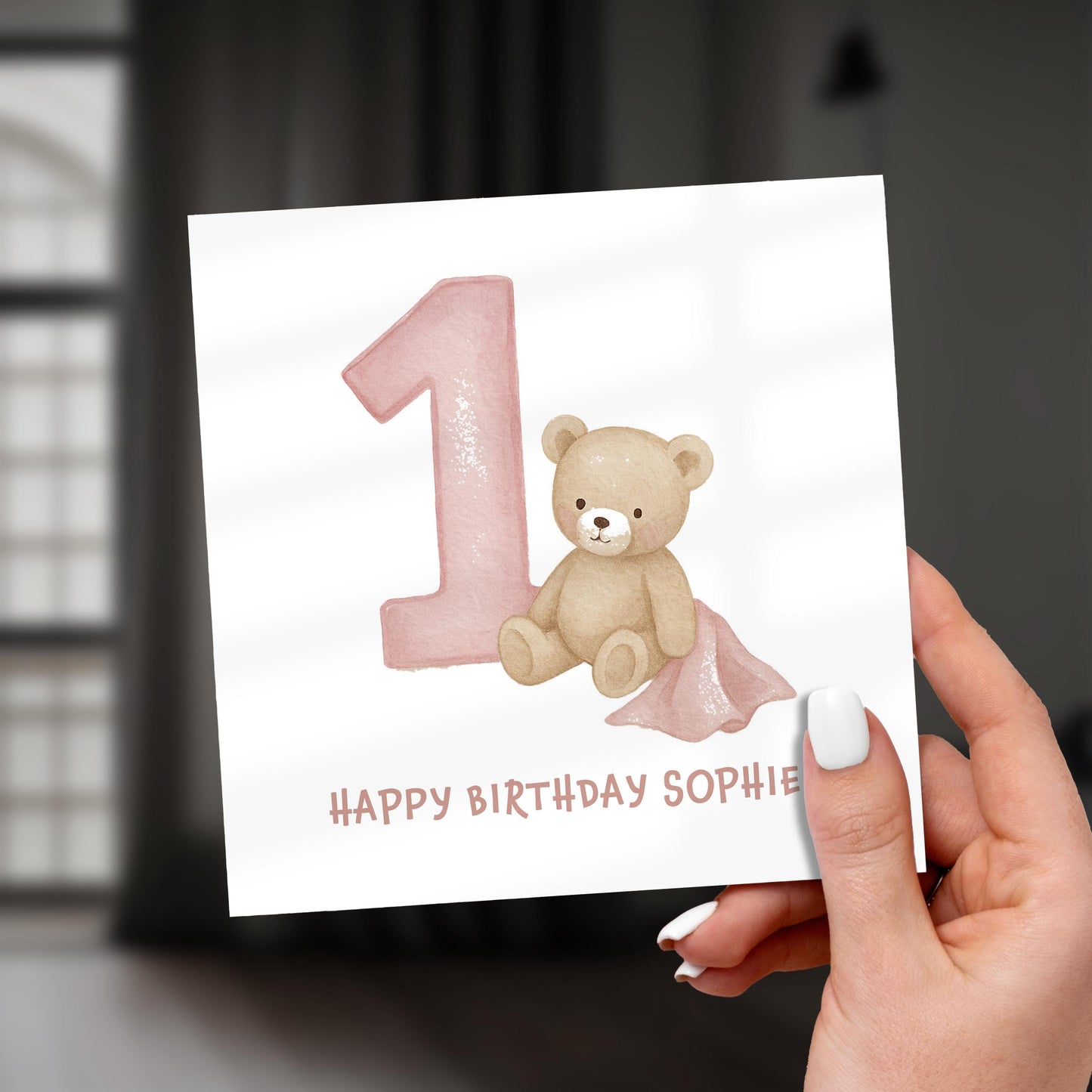 1st Birthday Card for Girl, Personalised Baby Birthday Card, Cute Bear Card for Daughter, Toddler Birthday Card, Pink Pastel Age 1 Card
