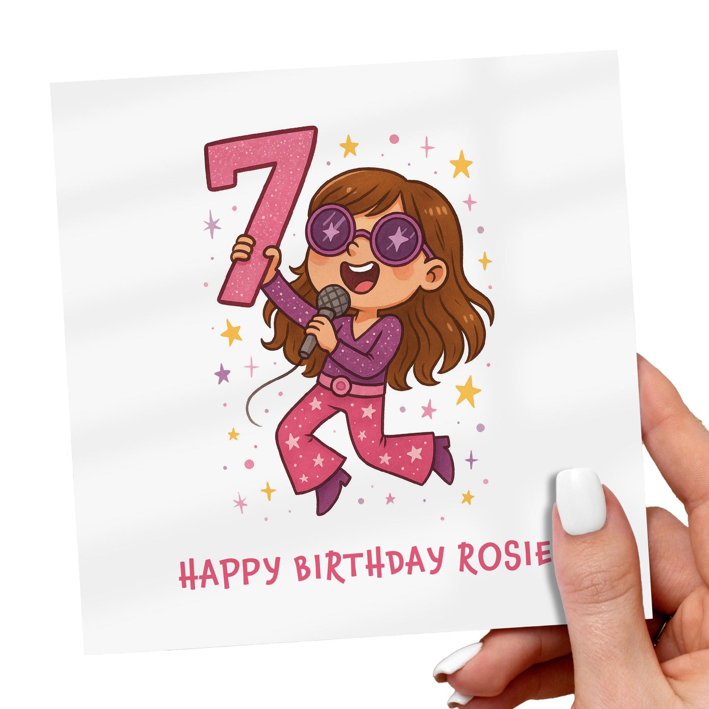 Personalized Popstar 7th Birthday Card for Girl: Pink Glitter Music Theme