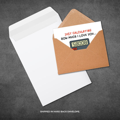 Greeting card with digital love calculator design in a brown envelope on a gray background