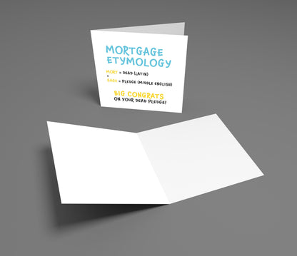 Greeting card with humorous mortgage etymology text on a gray background