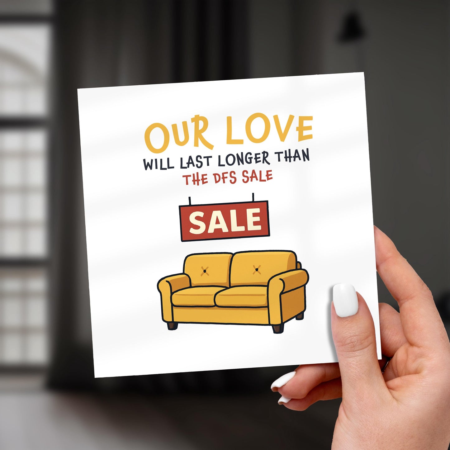 Funny Anniversary Card, Our Love Longer Than DFS Sale Card, Cheeky Valentine’s Card for Boyfriend or Girlfriend, British Joke Love Card
