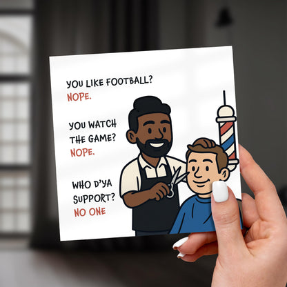 Card with cartoon barber and customer illustration and humorous text.